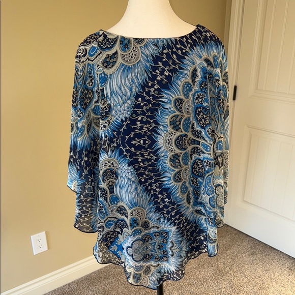 Initiatives Blue and Black Asymmetrical Poncho Sleeve Boho Blouse - Picture 6 of 11
